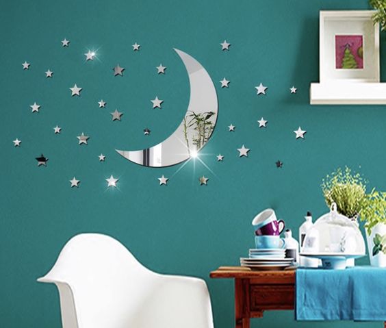 Beautiful Acrylic Mirror Moon with 20 stars, Self adhesive, Trending wall decor, Decoration items for bedroom, Dinning room, Kids room, Wall decor items - My Store